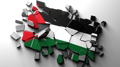 팔레스타인 국기, 국기가 인쇄된 콘크리트가 산산히 부서진 모습