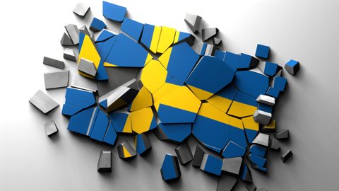 스웨덴 국기, 국기가 인쇄된 콘크리트가 산산히 부서진 모습