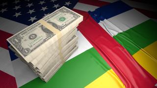 Central-African-Republic National Flag, American dollars and flag placed on top of the American flag