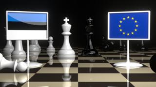 Estonia National Flag, Flags placed on a chessboard with the EU flag in the background