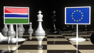 Gambia National Flag, Flags placed on a chessboard with the EU flag in the background