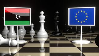Libya National Flag, Flags placed on a chessboard with the EU flag in the background