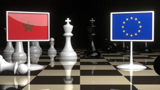 Morocco National Flag, Flags placed on a chessboard with the EU flag in the background