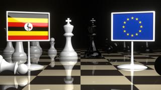 Uganda National Flag, Flags placed on a chessboard with the EU flag in the background