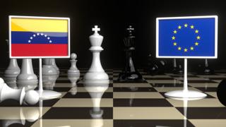 Venezuela National Flag, Flags placed on a chessboard with the EU flag in the background