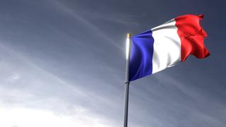 France National Flag, The national flag and flagpole looking up against a dark blue sky