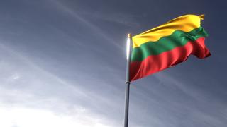 리투아니아 국기, 어두은 파란 하늘을 배경으로 위로 올려다보이는 국기와 국기봉