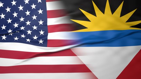 Antigua-and-Barbuda National Flag, American flag, flag splitting the screen in halff