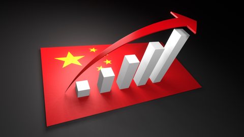China National Flag, Red arrow and white upward graph rising above the national flag