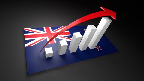 New-Zealand National Flag, Red arrow and white upward graph rising above the national flag
