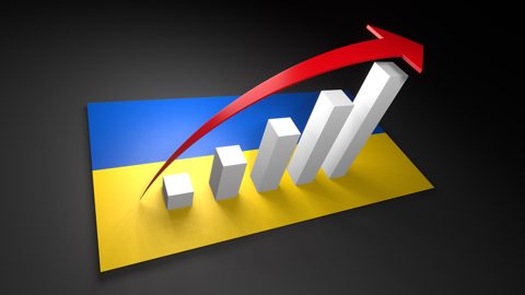 Ukraine National Flag, Red arrow and white upward graph rising above the national flag