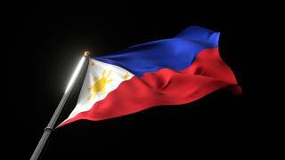 Philippines National Flag, A fluttering national flag and flagpole viewed from below on a black background