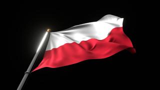 Poland National Flag, A fluttering national flag and flagpole viewed from below on a black background