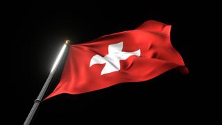 Switzerland National Flag, A fluttering national flag and flagpole viewed from below on a black background