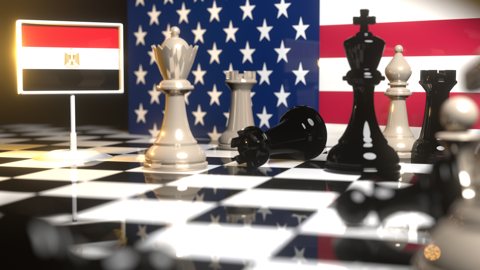 Egypt National Flag, Flag placed on a chessboard with the American flag in the background