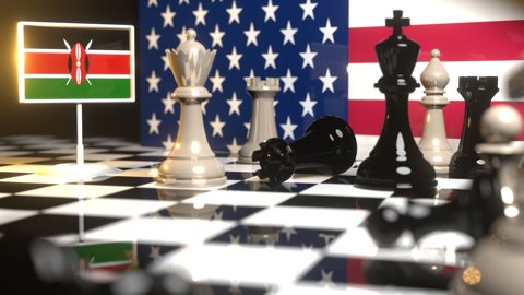 케냐 국기, 미국 국기를 배경으로 체스판위에 놓인 국기
