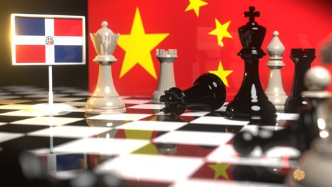 Dominican-Republic National Flag, The national flag on a chessboard with the Chinese flag in the background