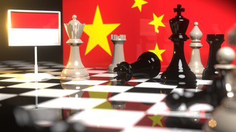 Monaco National Flag, The national flag on a chessboard with the Chinese flag in the background