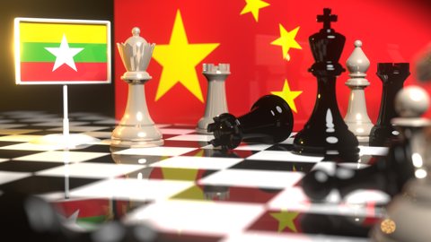 Myanmar National Flag, The national flag on a chessboard with the Chinese flag in the background