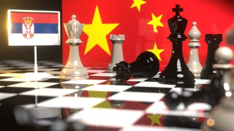 Serbia National Flag, The national flag on a chessboard with the Chinese flag in the background
