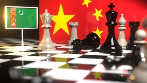 Turkmenistan National Flag, The national flag on a chessboard with the Chinese flag in the background
