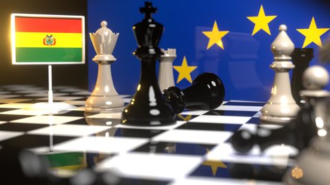 Bolivia National Flag, Flags placed on a chessboard with the EU flag in the background