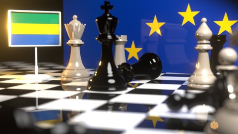 Gabon National Flag, Flags placed on a chessboard with the EU flag in the background