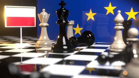 Poland National Flag, Flags placed on a chessboard with the EU flag in the background