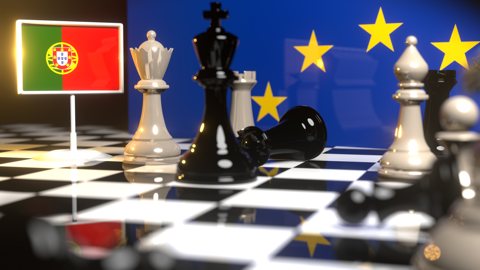 Portugal National Flag, Flags placed on a chessboard with the EU flag in the background