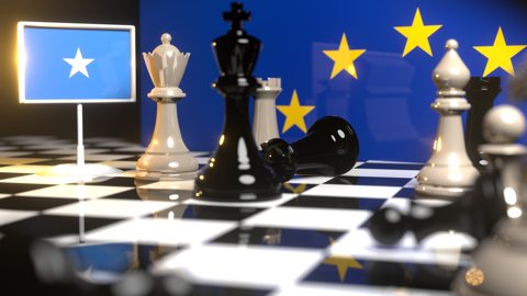 Somalia National Flag, Flags placed on a chessboard with the EU flag in the background