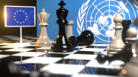 EU National Flag, Flags placed on a chessboard with the UN flag in the background