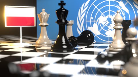 Poland National Flag, Flags placed on a chessboard with the UN flag in the background